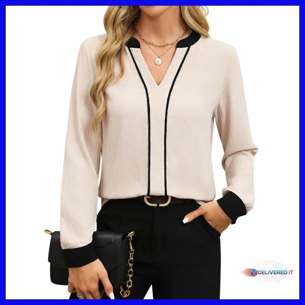 Long Sleeve V-Neck Blouse, Polyester, Business Casual, Stretch Fit